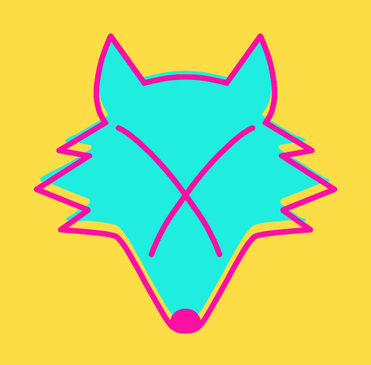 Imagine description. A stylized, minimalistic fox head lined with hot pink, with a button nose and an x instead of eyes. It's colored teal and the color is slightly outside the lines. It's on a yellow background. End ID.